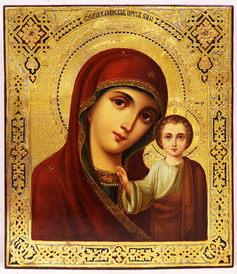 Старинная икона "Казанская Богоматерь" на золотом фоне