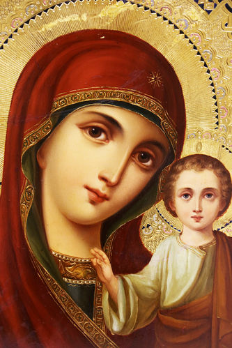 Старинная икона "Казанская Богоматерь" на золотом фоне - фото 2