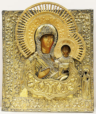 Старинная икона "Богоматерь Смоленская" в окладе с цатой