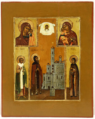 Пятичастная икона "Преподобный Нил Столбенский, святой Трофим, преподобная Марфа, Богоматерь Казанская, Богоматерь Владимирская"
