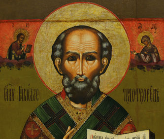 Большая старинная икона "Николай Чудотворец" с предстоящими святыми - фото 2