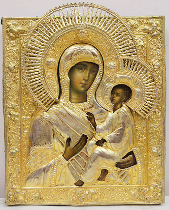 Старинная икона "Богоматерь Тихвинская" в окладе с цветочным декором