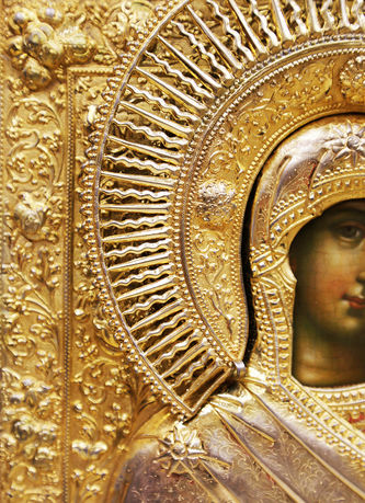 Старинная икона "Богоматерь Тихвинская" в окладе с цветочным декором - фото 3