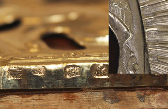 Антикварная икона "Богоматерь Владимирская" в окладе с короной - фото 5