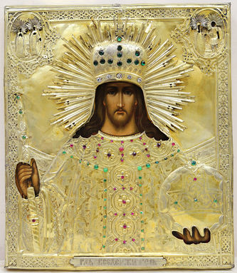 Старинная икона "Господь Вседержитель" в окладе с камнями
