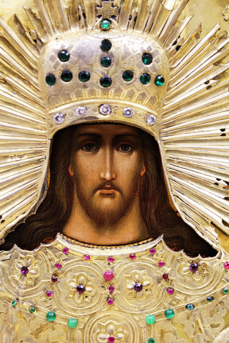 Старинная икона "Господь Вседержитель" в окладе с камнями - фото 2