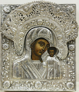 Старинная икона "Богоматерь Казанская" в окладе