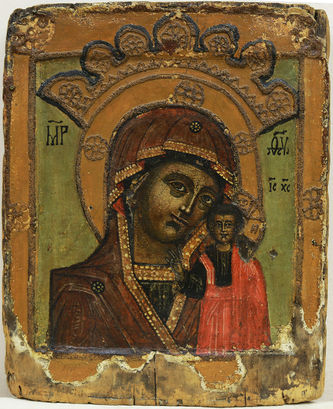 Старинная икона "Богоматерь Казанская" в окладе - фото 2