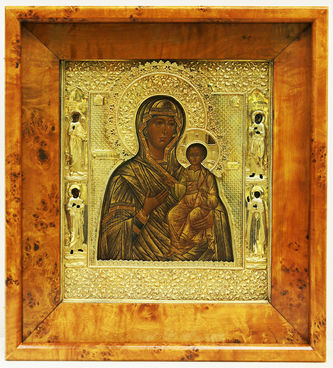 Старинная икона "Богоматерь Смоленская" в окладе с предстоящими - фото 4