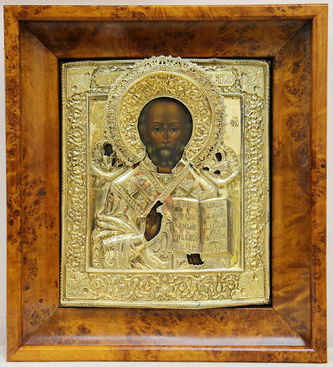 Старинная икона "Николай Чудотворец" в окладе с цветочно-растительным орнаментом - фото 4