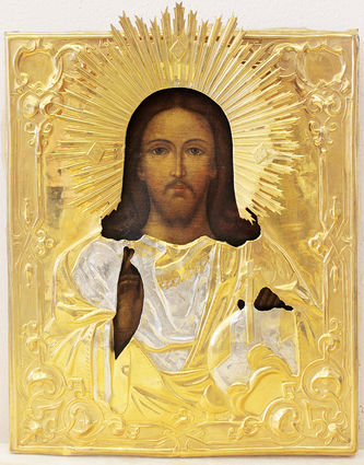 Мастер Попов Василий Иванов
Старинная икона "Господь Вседержитель" в окладе в византийском стиле