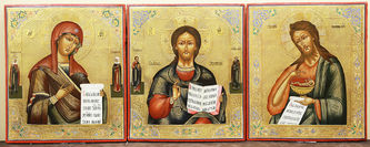 Деисусный чин: Господь Вседержитель, Богоматерь Тихвинская, Иоанн Предтеча