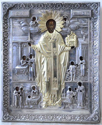 Старинная икона "Никола Можайский с житием" в окладе