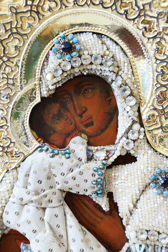 Старинная икона "Богоматерь Феодоровская" в ризе с бисером и камнями - фото 2