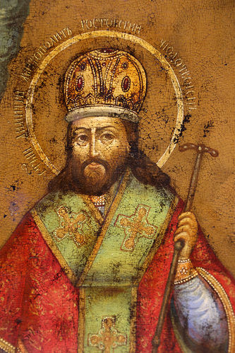 Старинная икона "Святитель Димитрий, митрополит Ростовский" в серебряном окладе - фото 3