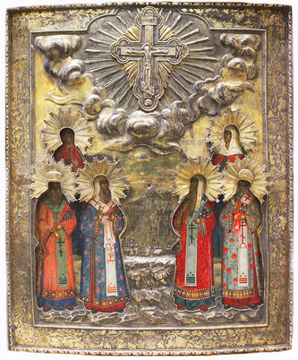 Мастер Григорьев Иван
Старинная икона "Распятие, Параскева, Алексей митрополит, Филипп митрополит, Мария Магдалена, митрополит Петр, митрополит Иона" в окладе