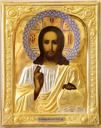 Старинная икона "Господь Вседержитель" в окладе с выемчатой эмалью