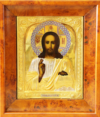 Старинная икона "Господь Вседержитель" в окладе с выемчатой эмалью - фото 4