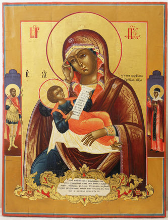 Большая икона Божьей Матери "Утоли мои болезни" с картушем в стиле барокко