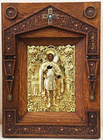 Старинная икона "Святой благоверный князь Александр Невский" в рельефном окладе