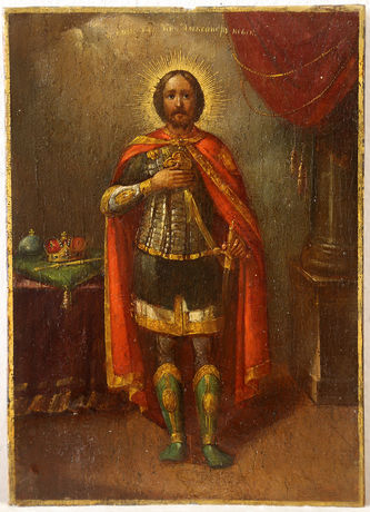 Старинная икона "Святой благоверный князь Александр Невский" в рельефном окладе - фото 3