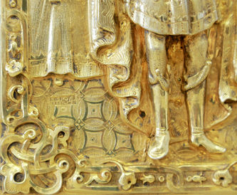 Старинная икона "Святой благоверный князь Александр Невский" в рельефном окладе - фото 5