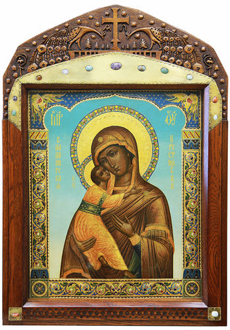 Старинная икона "Владимирская Богоматерь" в стиле русского модерна с изображением херувимов