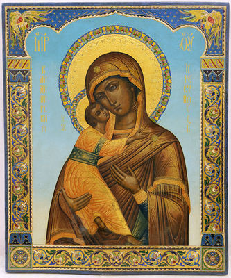 Старинная икона "Владимирская Богоматерь" в стиле русского модерна с изображением херувимов - фото 2