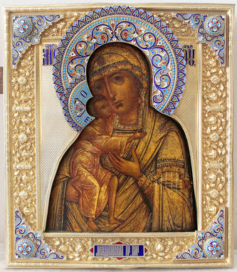 Старинная икона "Богоматерь Феодоровская" в окладе с эмалью - фото 2