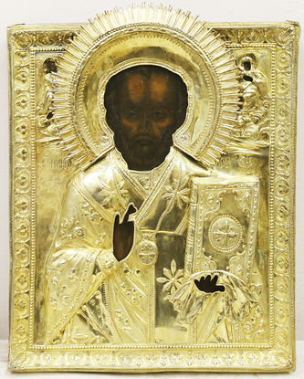 Старинная икона "Николай Чудотворец в окладе