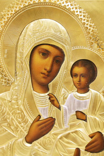 Старинная икона "Богоматерь Тихвинская" в окладе - фото 2