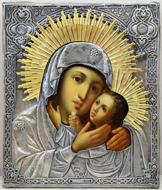 Мастер-ювелир Фетисов М.Н.
Старинная икона "Богоматерь Корсунская" в серебряном окладе