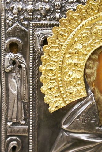 Старинная икона "Святой Пафнутий" в окладе с предстоящими - фото 2