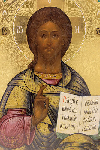 Старинная икона "Господь Вседержитель" с росписью под эмаль - фото 2