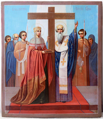 Старинная икона "Воздвижение Креста Господня со святой царицей Еленой и патриархом Макарием"