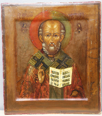 Старинная икона "Николай Чудотворец" в окладе с цветочным орнаментом в стиле модерн - фото 3