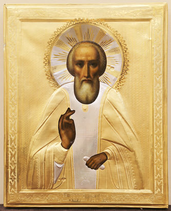 Старинная икона "Сергий Радонежский" в окладе