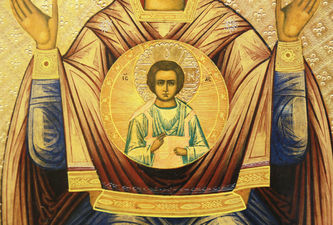 Старинная икона Богоматери "Знамение" на золотом фоне - фото 3