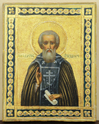 Старинная икона "Сергий Радонежский" на золотом фоне