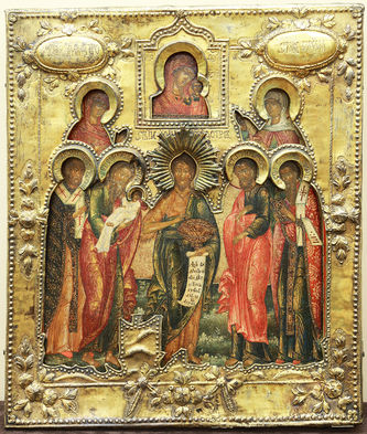 Старинная икона "Иоанн Креститель с избранными святыми" в серебряном окладе