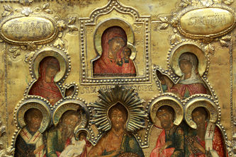 Старинная икона "Иоанн Креститель с избранными святыми" в серебряном окладе - фото 2