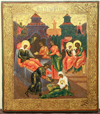 Старинная икона "Рождество Богородицы" с орнаментом в древнерусском стиле