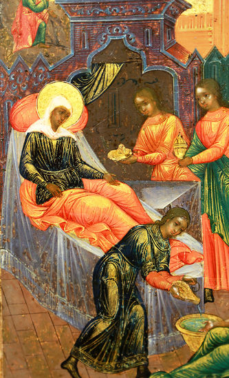 Старинная икона "Рождество Богородицы" с орнаментом в древнерусском стиле - фото 2