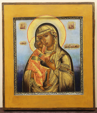 Старинная икона "Богоматерь Феодоровская" на голубом фоне