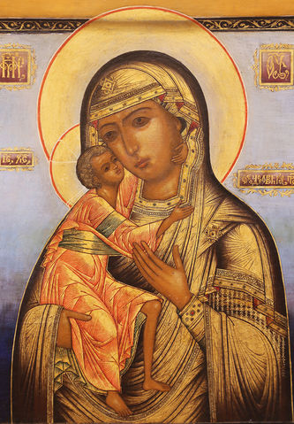 Старинная икона "Богоматерь Феодоровская" на голубом фоне - фото 2