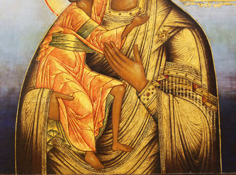 Старинная икона "Богоматерь Феодоровская" на голубом фоне - фото 3