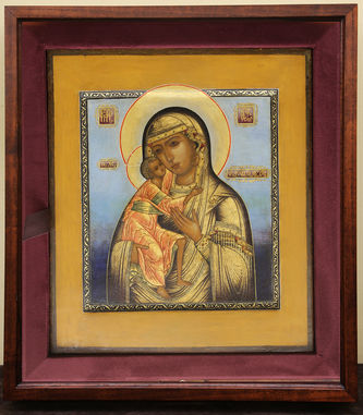 Старинная икона "Богоматерь Феодоровская" на голубом фоне - фото 5