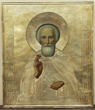 Старинная икона "Сергий Радонежский" в серебряном окладе