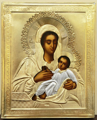 Редкая старинная икона "Богоматерь Козельщанская" в окладе