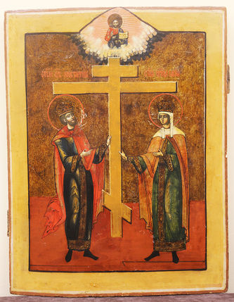 Старинная икона "Воздвижение Креста. Святые царица Елена и император Константин" в окладе - фото 2